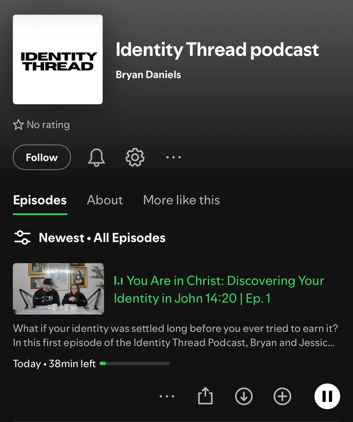 Screenshot of the front page of the Identity Thread Christian podcast featuring episode one: You are in Christ