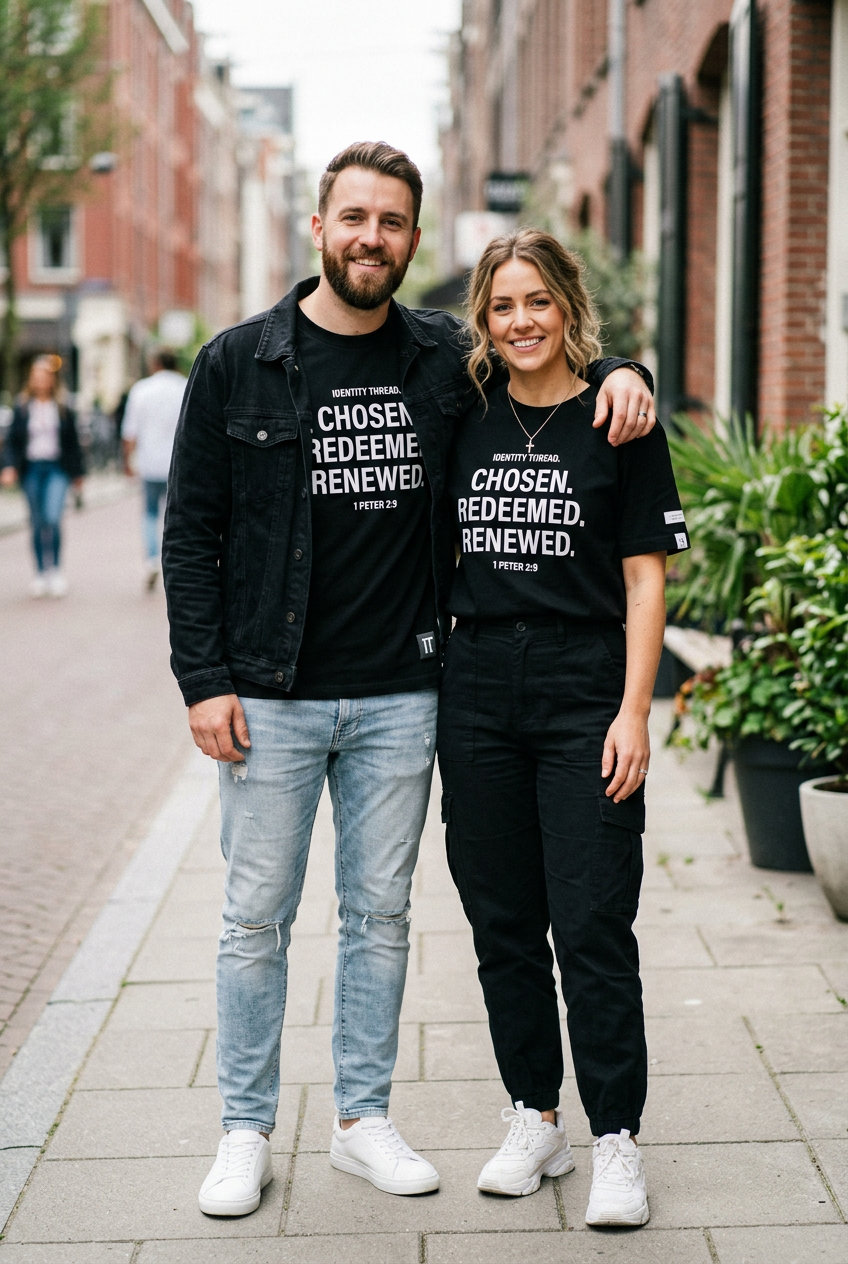 Christian couple wearing matching Christian apparel on a street city corner