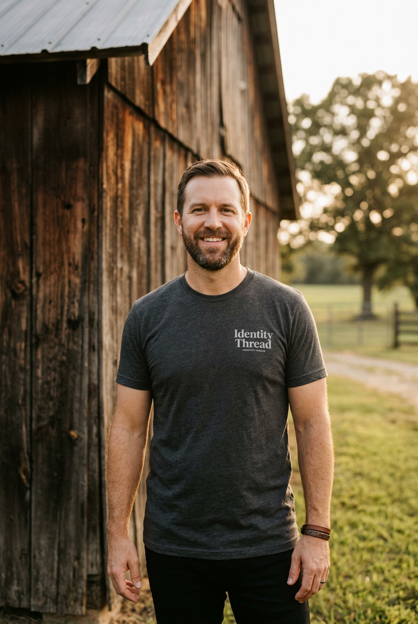 Christian dad wearing a grey Christian shirt in a rustic setting