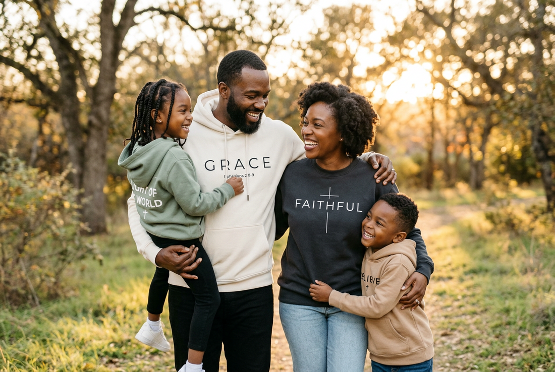 Christian family of four wearing matching Christian apparel.