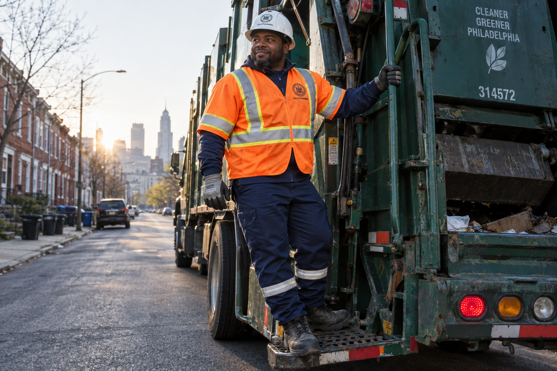 Garbage truck worker hanging off the back of a truck wearing an Identity Thread faith-inspired streetwear tee
