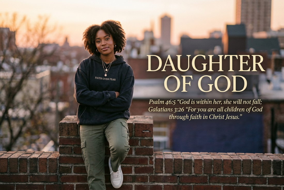 Woman wearing a black Daughter of God Christian hoodie in a city setting
