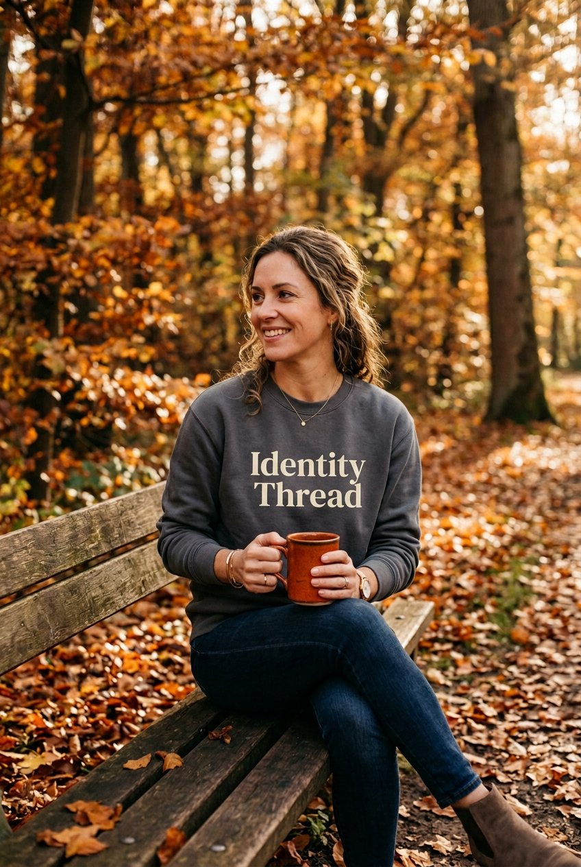 woman sitting on a bench holding coffee with a grey Christian sweatshirt with the text "Identity Thread"