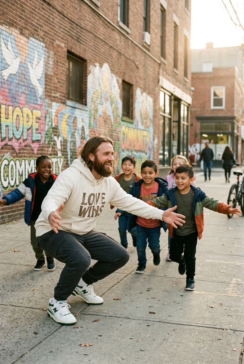 A modern smiling Jesus in Christian streetwear having happy children run to him in an urban street setting