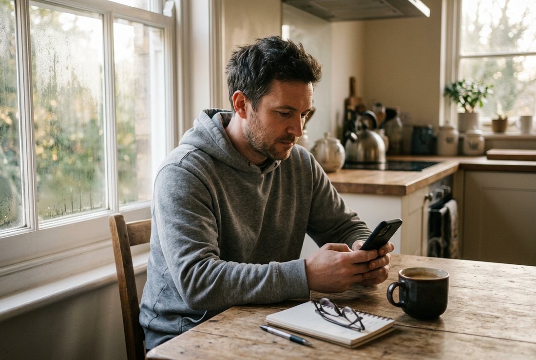 Photograph of a man in a plain heather gray hoodie sitting at a kitchen table early in the morning, reading on a phone beside a coffee mug and a small notebook