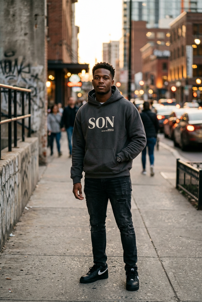man standing in a city setting with a grey "Son" Christian hoodie on with black pants.
