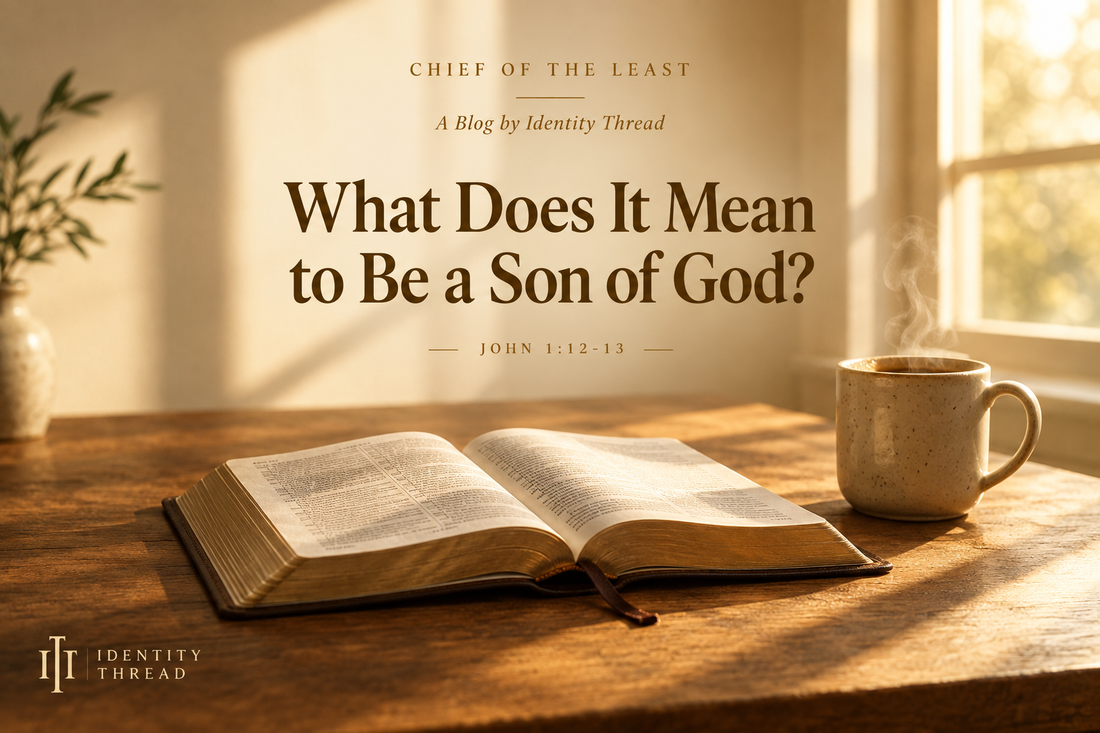 Open Bible and coffee on a wooden table in warm morning light — What Does It Mean to Be a Son of God | Chief of the Least Blog by Identity Thread