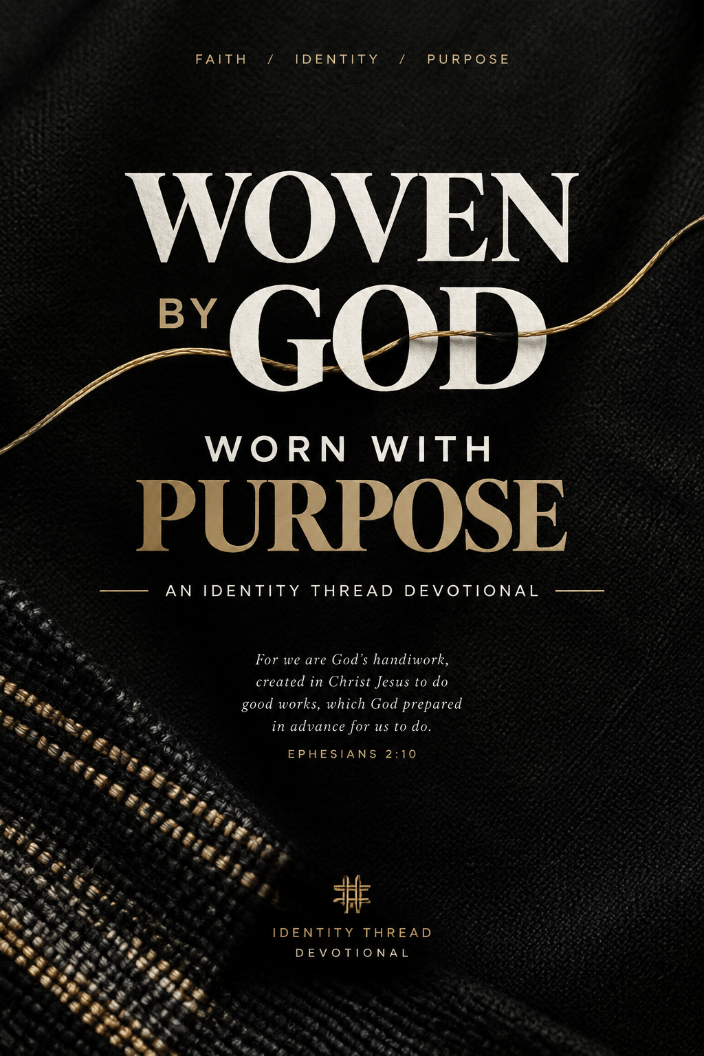 Book cover for 'Woven by God: Worn with Purpose' Christian devotional book by Identity Thread, featuring a black textured background with a woven gold and black thread design and white and gold typography.