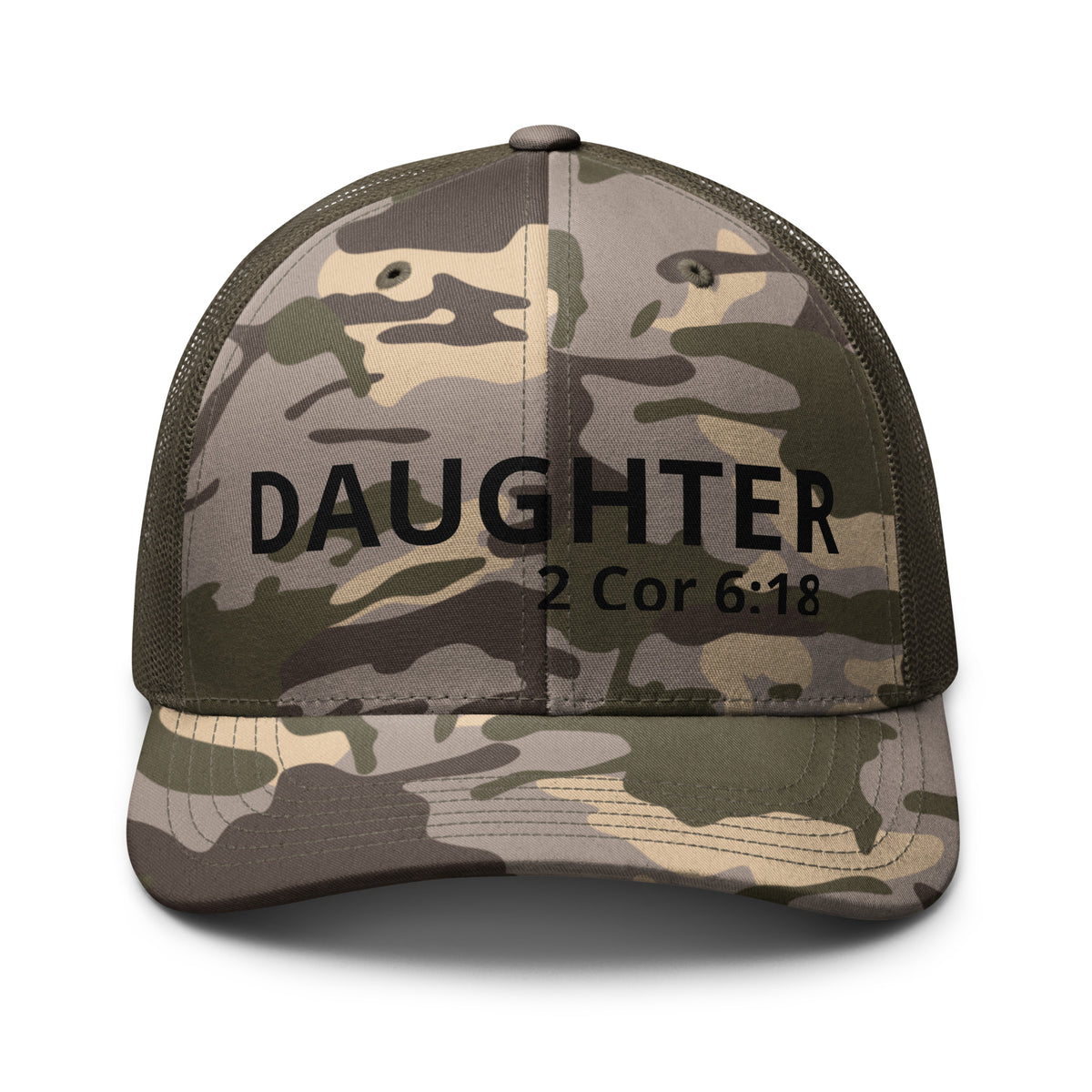 Camouflage Christian cap with a "Daughter 2 Corinthians 6:18" as text