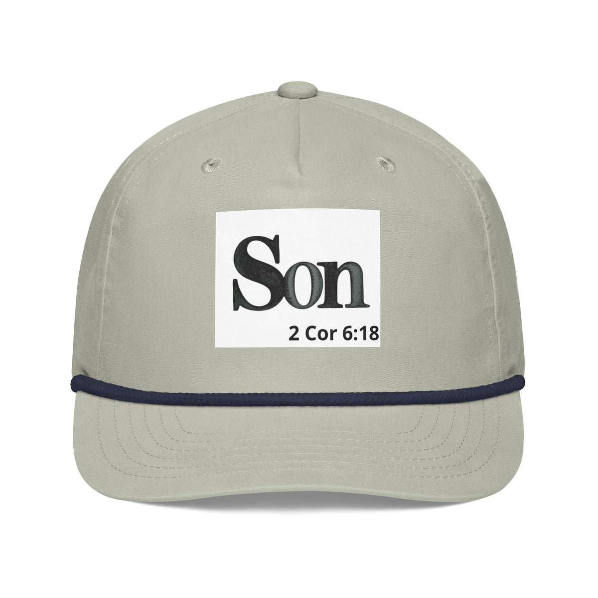 A light gray snapback cap with a navy blue horizontal stripe across the brim and a white square patch on the front featuring the text 'Son 2 Cor 6:18' in black.