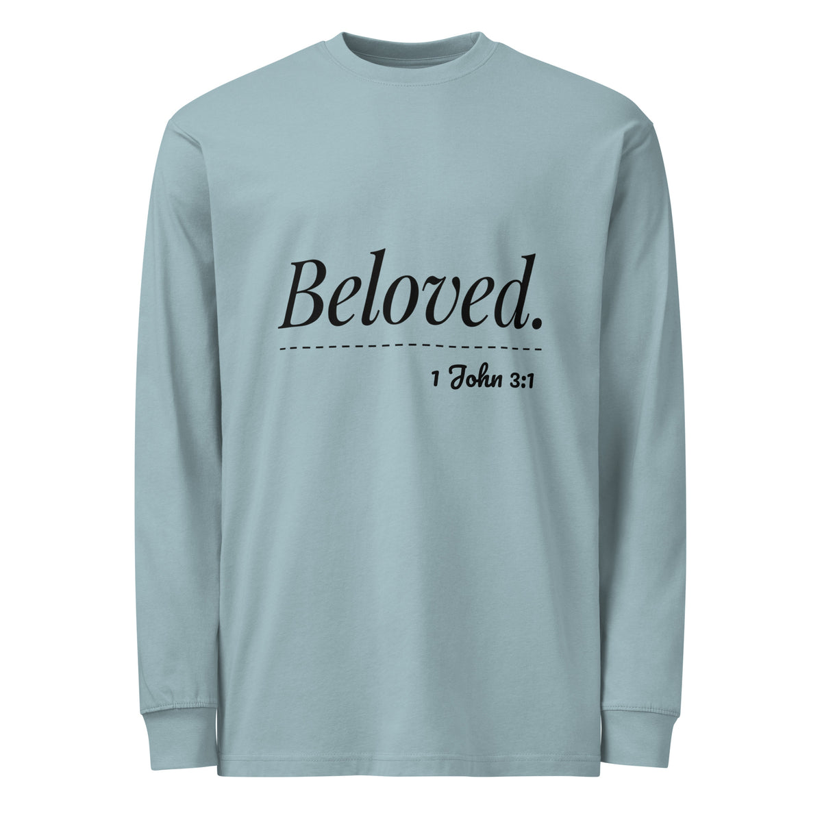 A light blue long-sleeve crewneck Christian t-shirt with 'Beloved. 1 John 3:1' printed in black on the chest, displayed on a solid white background.