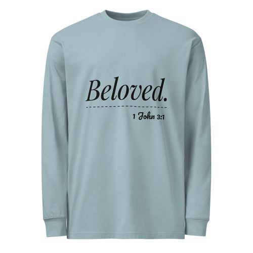 A light blue long-sleeve crewneck Christian t-shirt with 'Beloved. 1 John 3:1' printed in black on the chest, displayed on a solid white background.