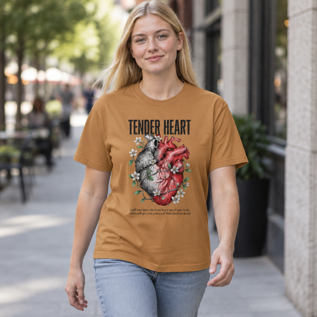 A woman wearing a mustard brown graphic t-shirt with a detailed anatomical heart design and the text 'TENDER HEART' on the front, standing in an outdoor urban setting.
