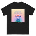 A black short-sleeve Christian t-shirt with a square graphic print on the chest. The graphic features a pastel gradient background with a central image of a lamb wearing a small orange crown, accompanied by the text 'THE FUTURE BELONGS TO THE LAMB LIKE' in light blue and 'identitythread.co'.