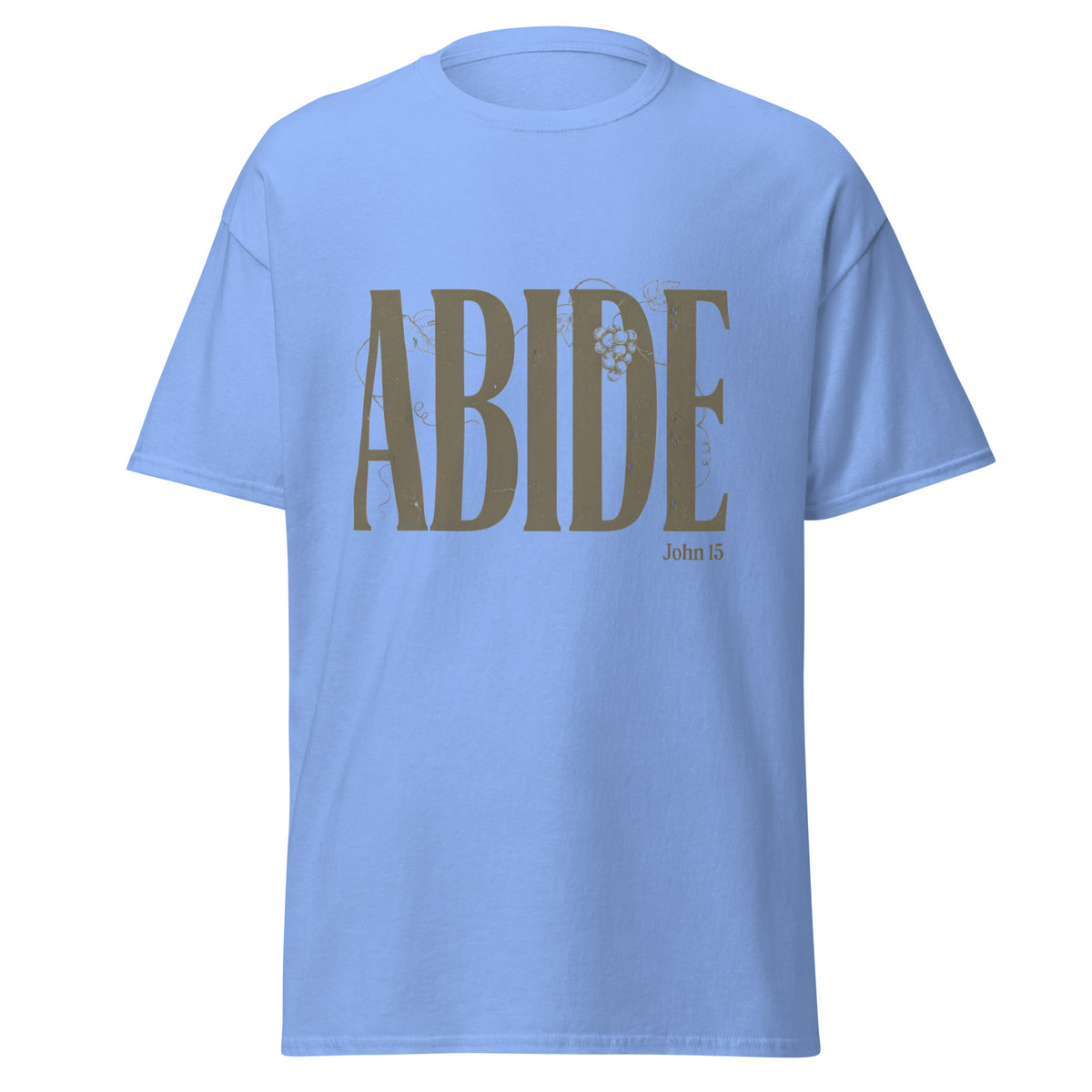 A light blue short-sleeve crewneck Christian t-shirt featuring a large brown graphic on the front that reads 'ABIDE' with 'John 15' printed below it.