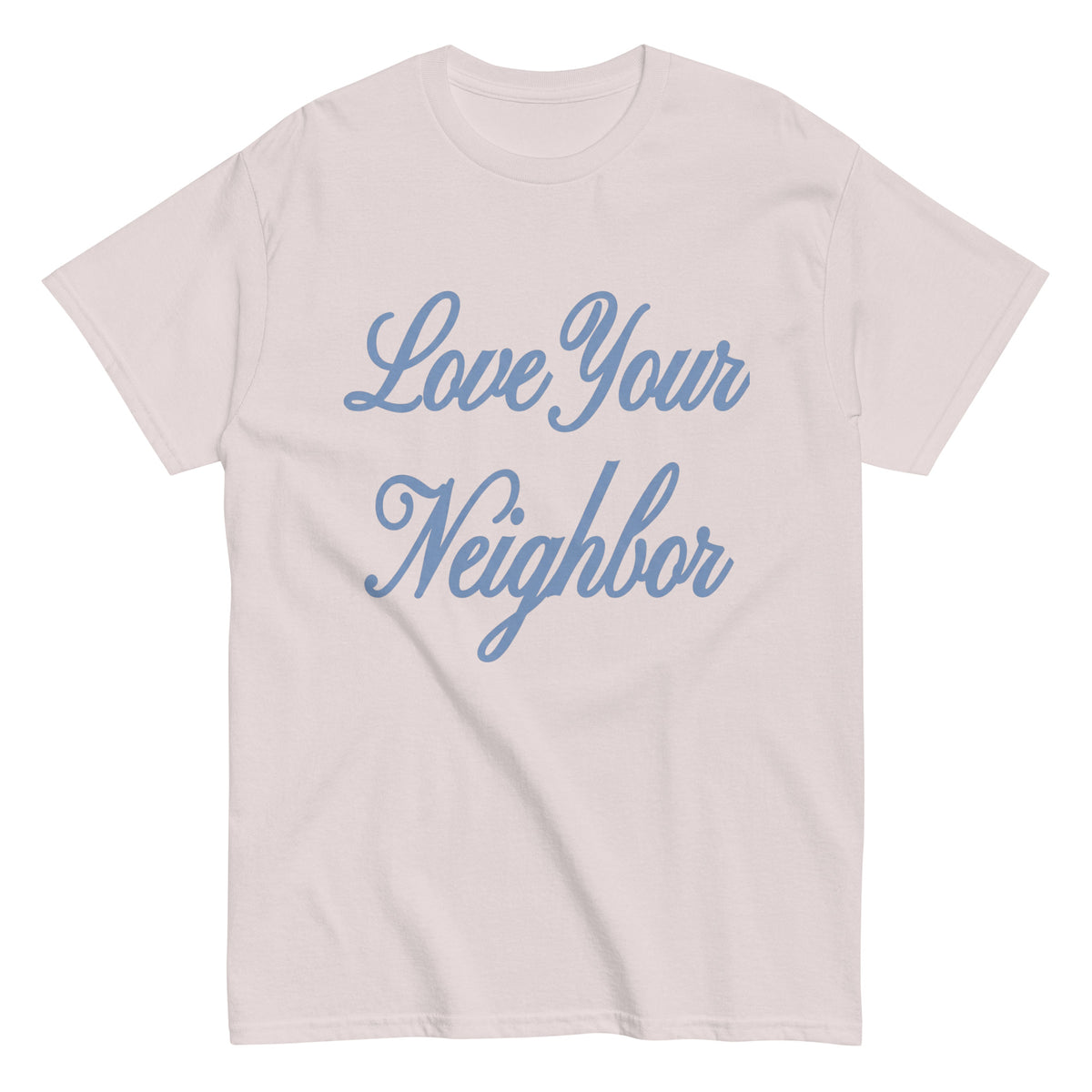 “Love Your Neighbor” Christian unisex classic tee in Sport Grey, front view