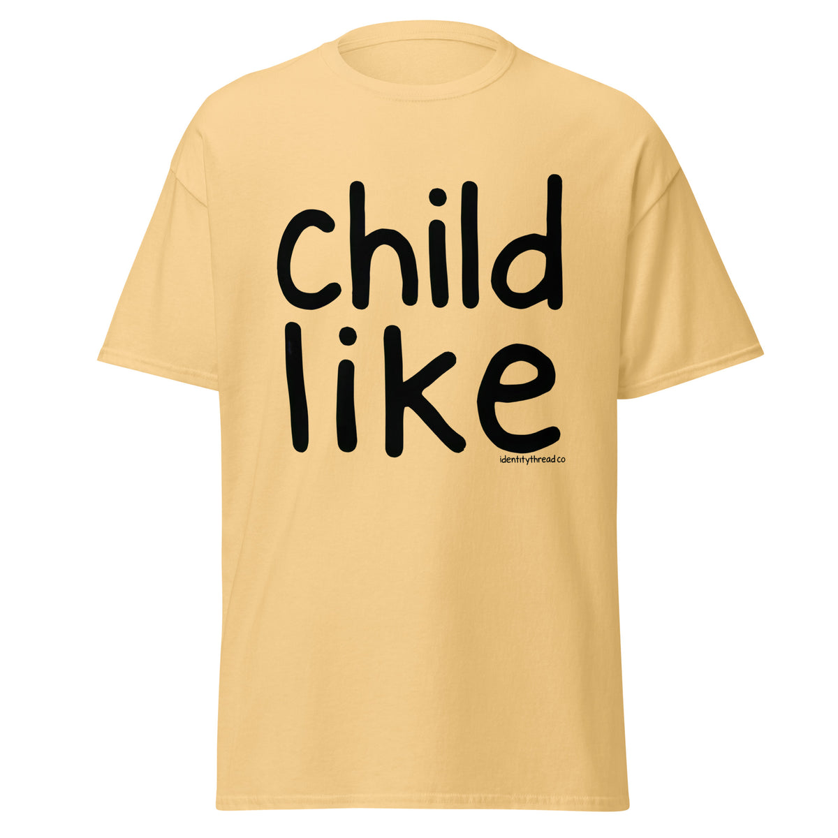 A pale yellow short-sleeve Child like Faith Christian t-shirt with the words 'child like' printed in large black lowercase letters on the front, shown against a plain white background.