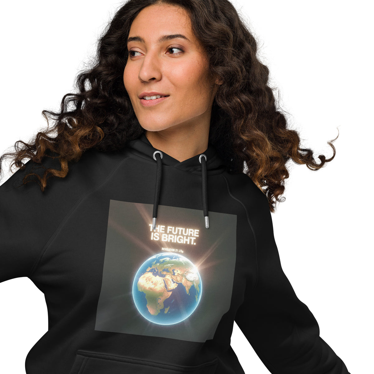 Person wearing a black Christian hoodie with a picture of earth and "The Future is Bright" text on a black background
