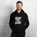 Man wearing a black God is Love Christian hoodie
