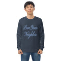 Man wearing a "Love Your Neighbor" unisex organic Christian sweatshirt in French Navy, front view