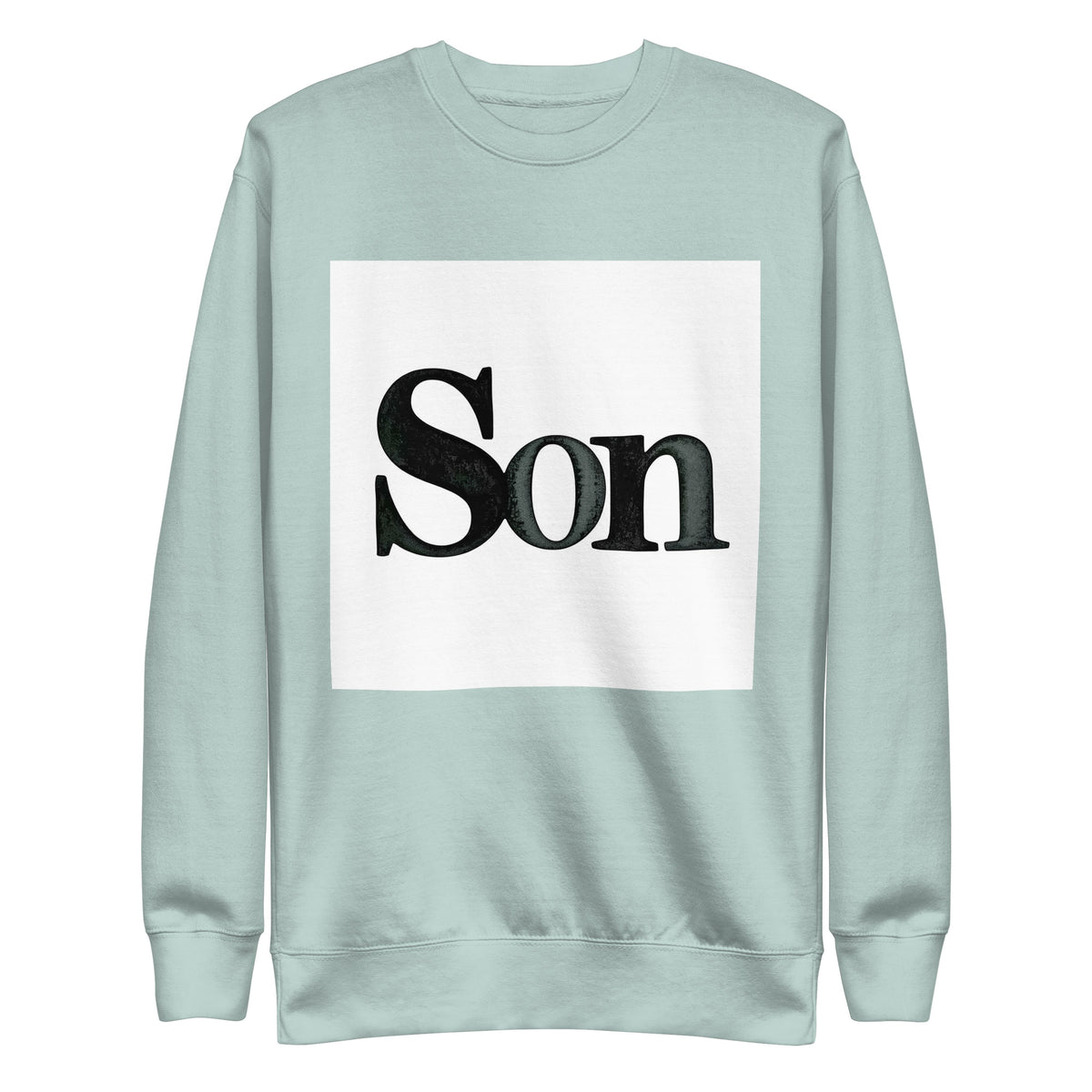 A light mint green crewneck Christian sweatshirt featuring a white square graphic on the chest with the word 'Son' printed in a black serif font.