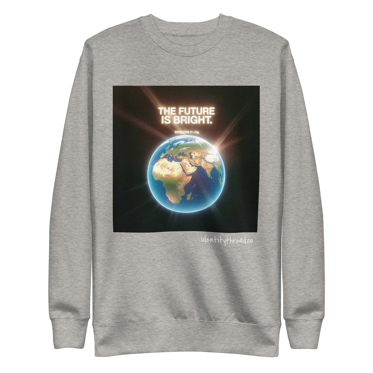 A heather gray crewneck Christian sweatshirt featuring a square graphic print on the front with an illustration of the Earth and the text 'THE FUTURE IS BRIGHT.' and 'IDENTITYTHREAD.CO'.