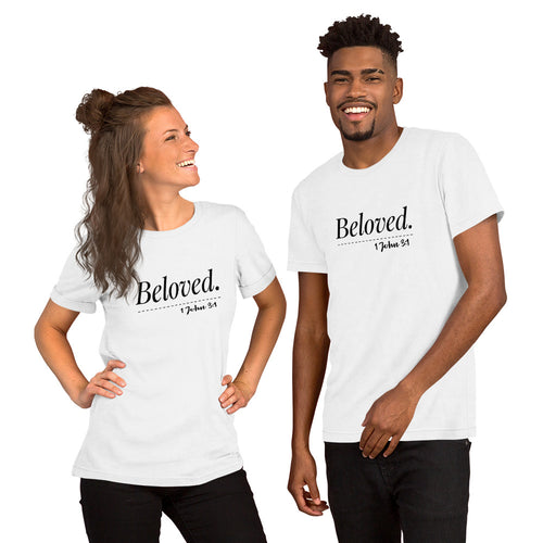 Two people wearing white Christian t-shirts with With "Beloved" text with "1 John 3:1" below on a white background