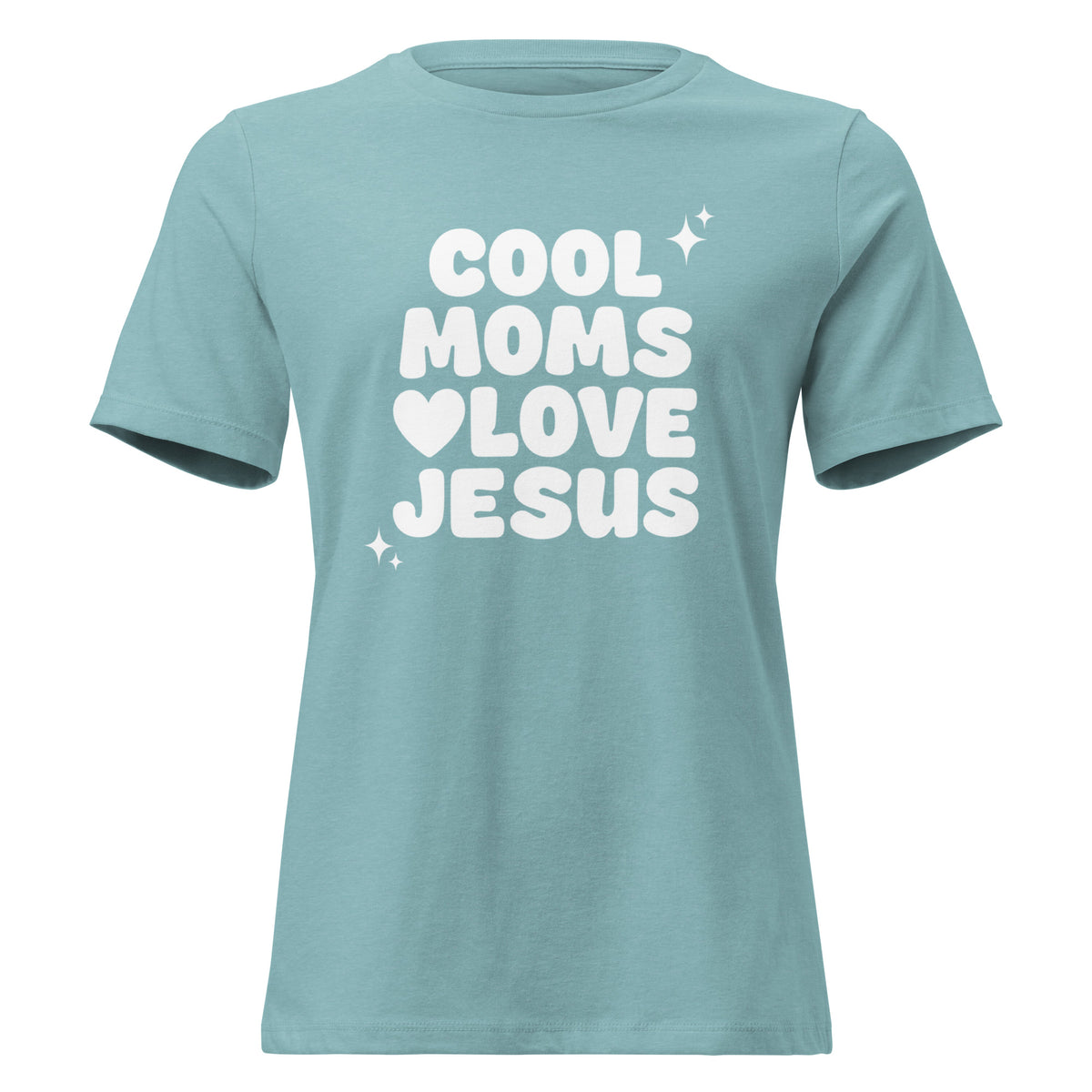 A short-sleeve crewneck Christian t-shirt in a dusty teal color, featuring the text 'COOL MOMS LOVE JESUS' printed in bold white letters on the front, accompanied by small white star and heart graphics.